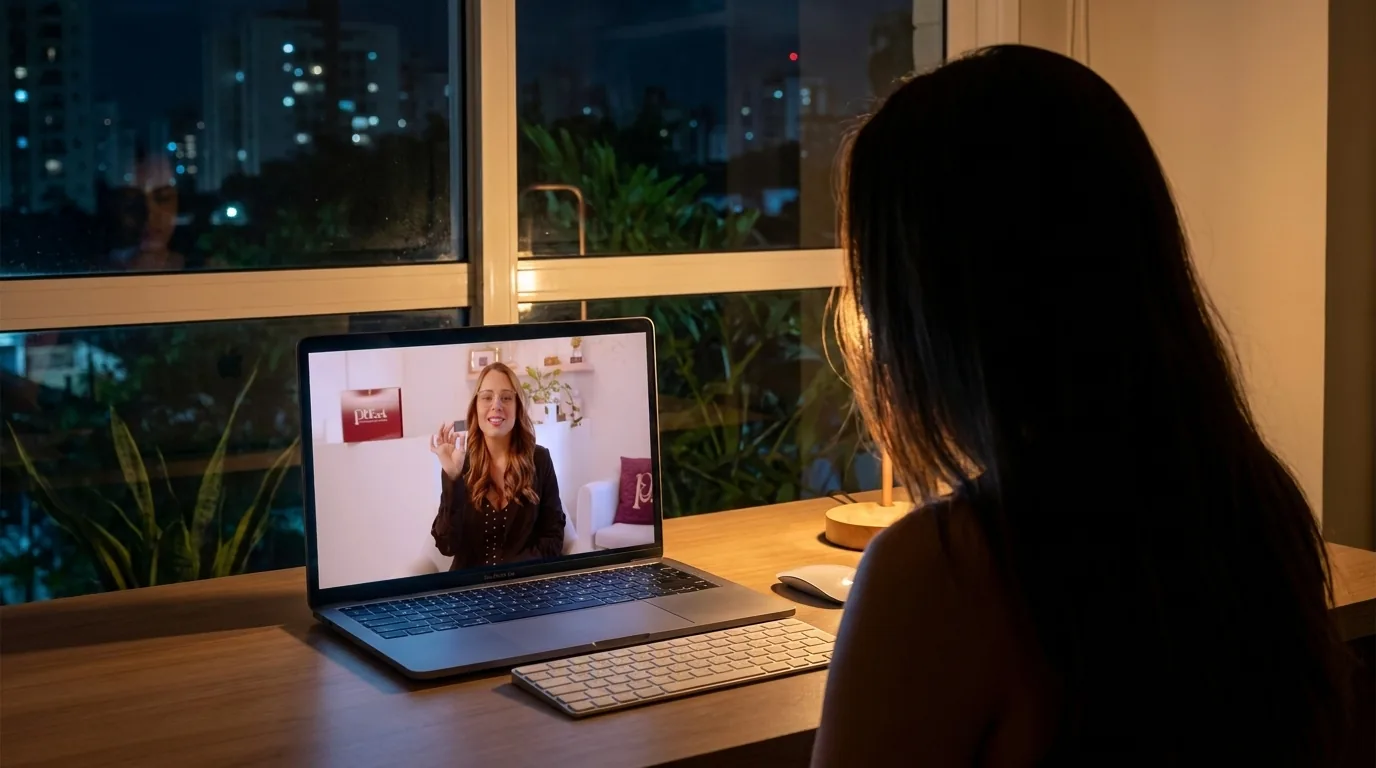 Aluna assistindo a uma aula da Dra. Priscila Carniel no notebook