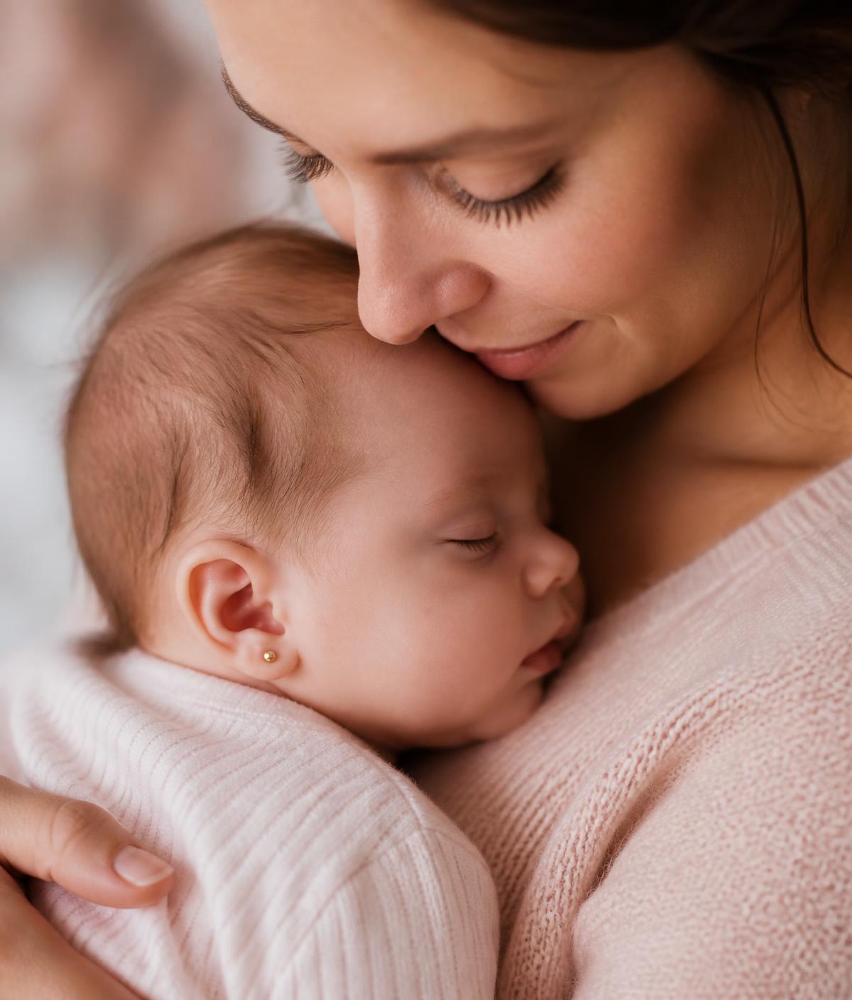 Bebê no colo da mãe, com brinco delicado no lóbulo